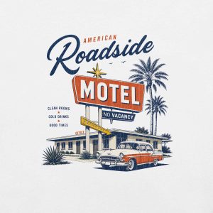 T-Shirt American Roadside Motel avec vieille voiture americaine blanc