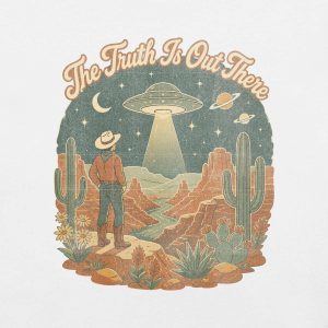 T-Shirt Retro Cowboy & OVNI "The Truth is Out There" Blanc