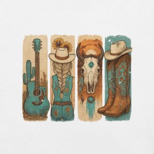 T-Shirt Cowgirl Guitare Bottes & Crane Blanc