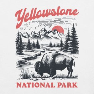 T shirt Yellowstone National Park avec un bison dans une prairie Blanc