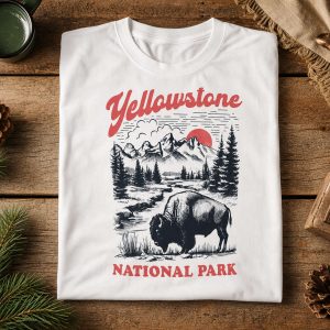 T shirt Yellowstone National Park avec un bison dans une prairie