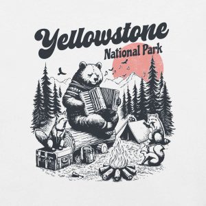T-Shirt Yellowstone National Park avec un ours qui joue de l'accordéon blanc